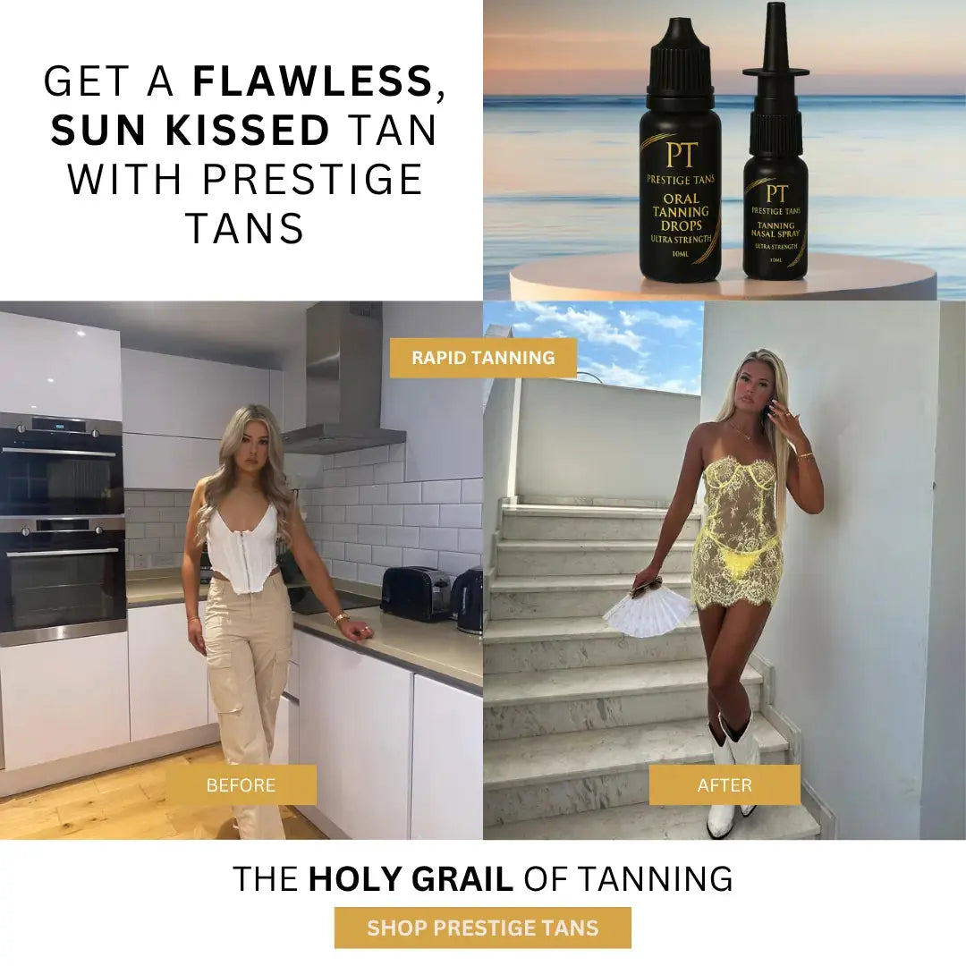 Advertisement for Prestige Tans tanning products with a woman before and after tanning.