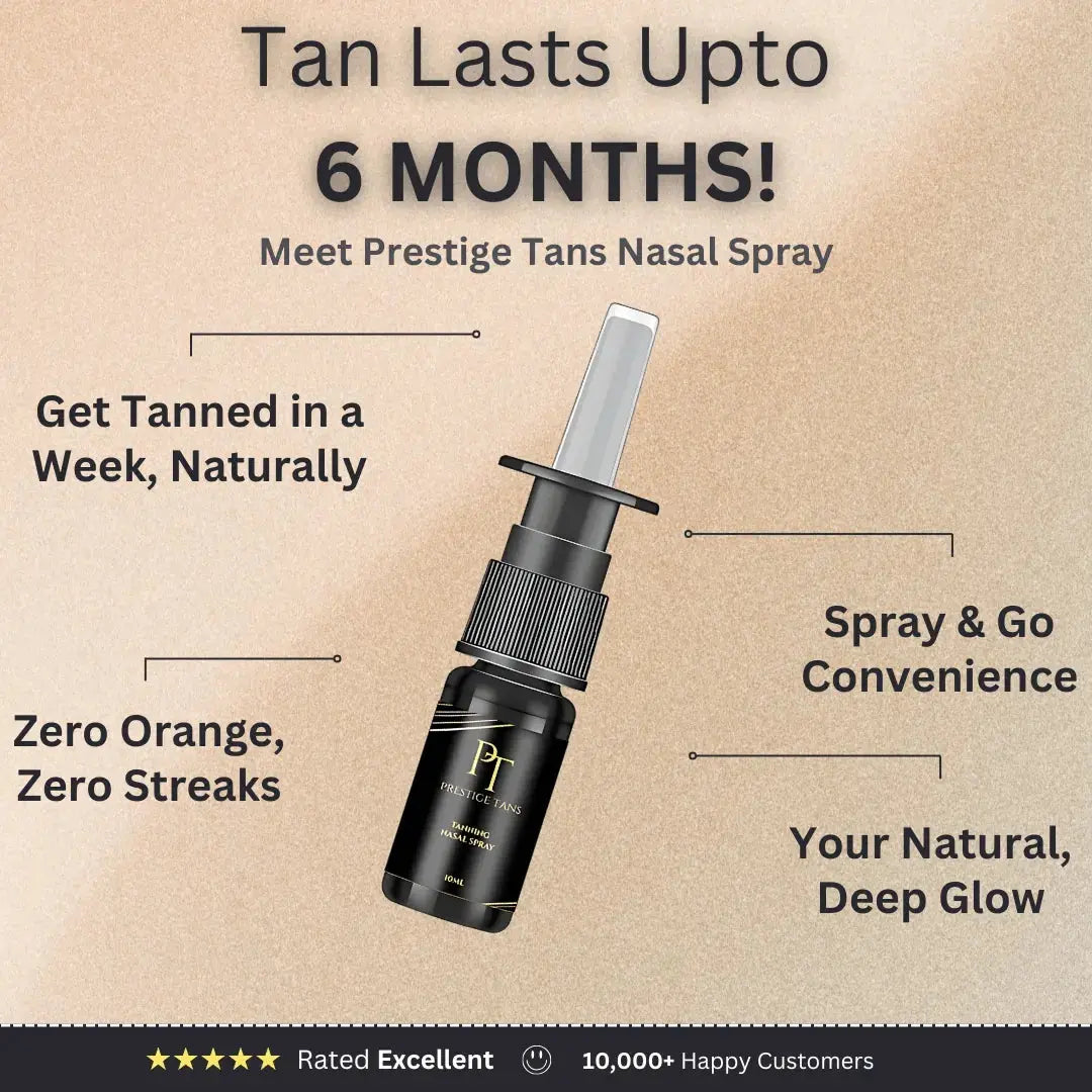 Prestige Tans bottle with listed benefits