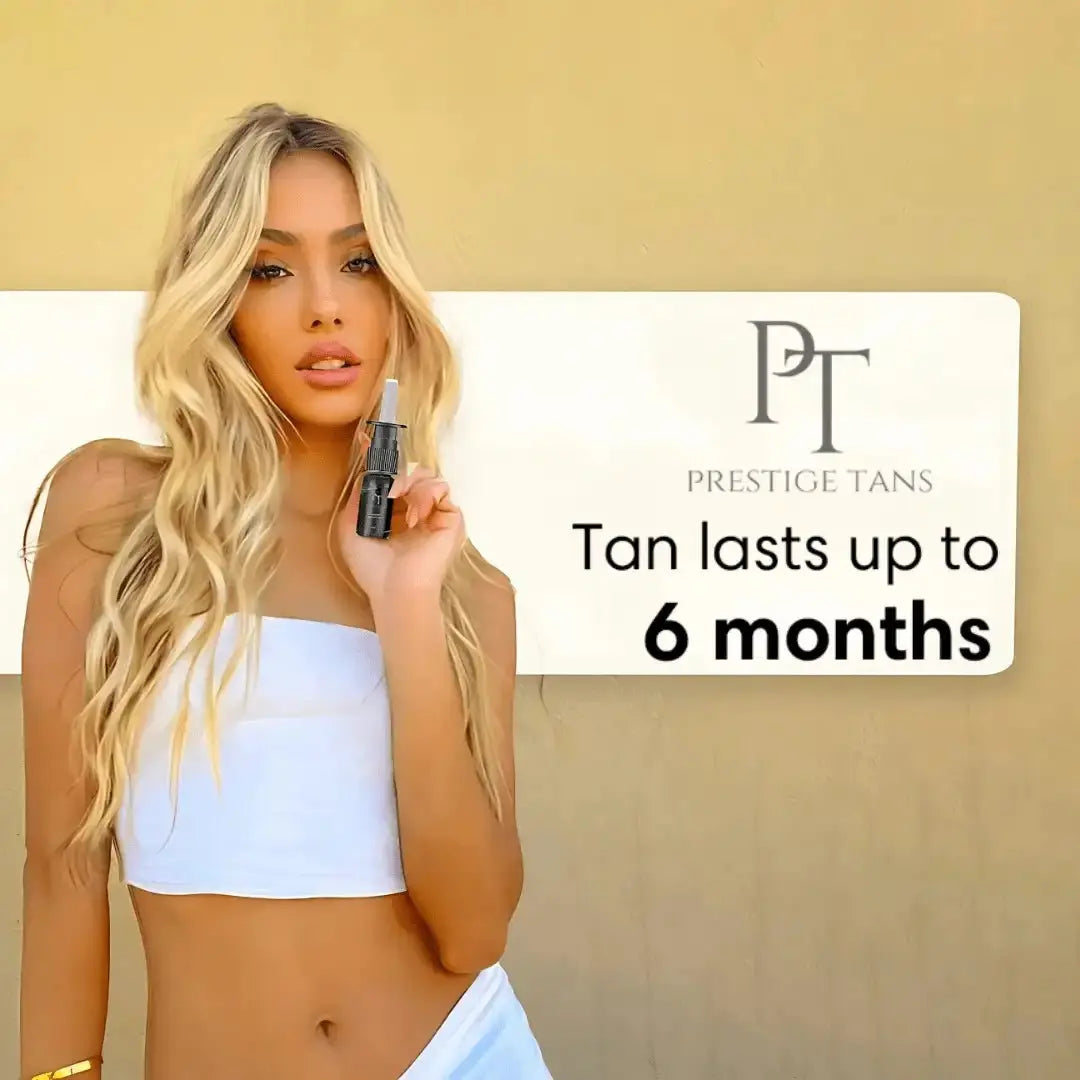 Tanned Woman holding a Prestige Tans bottle, with the slogan 